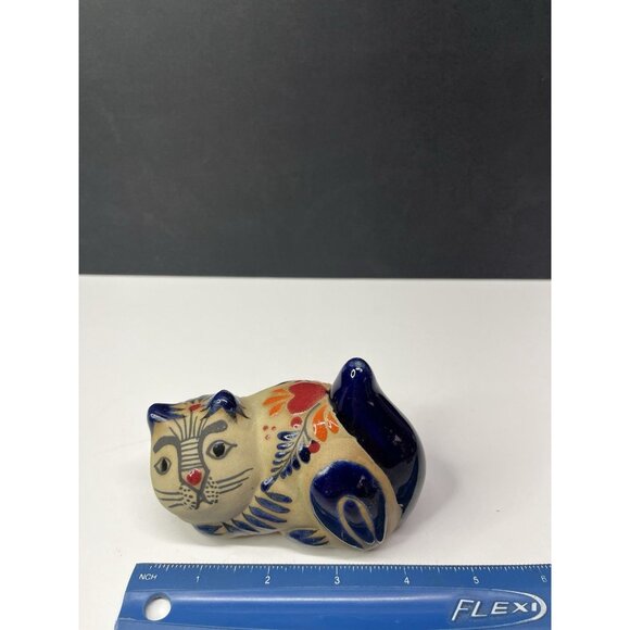 Mexican Tonala Cat Figurine Flower Folk Art Pottery Hand Painted Cancun 4” - Picture 8 of 11